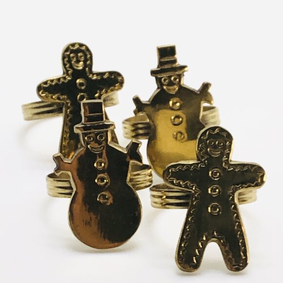 Vintage Napkin Ring Holders Brass Gold Tone Gingerbread Snowman Figures Set Of 4 - Picture 2 of 12